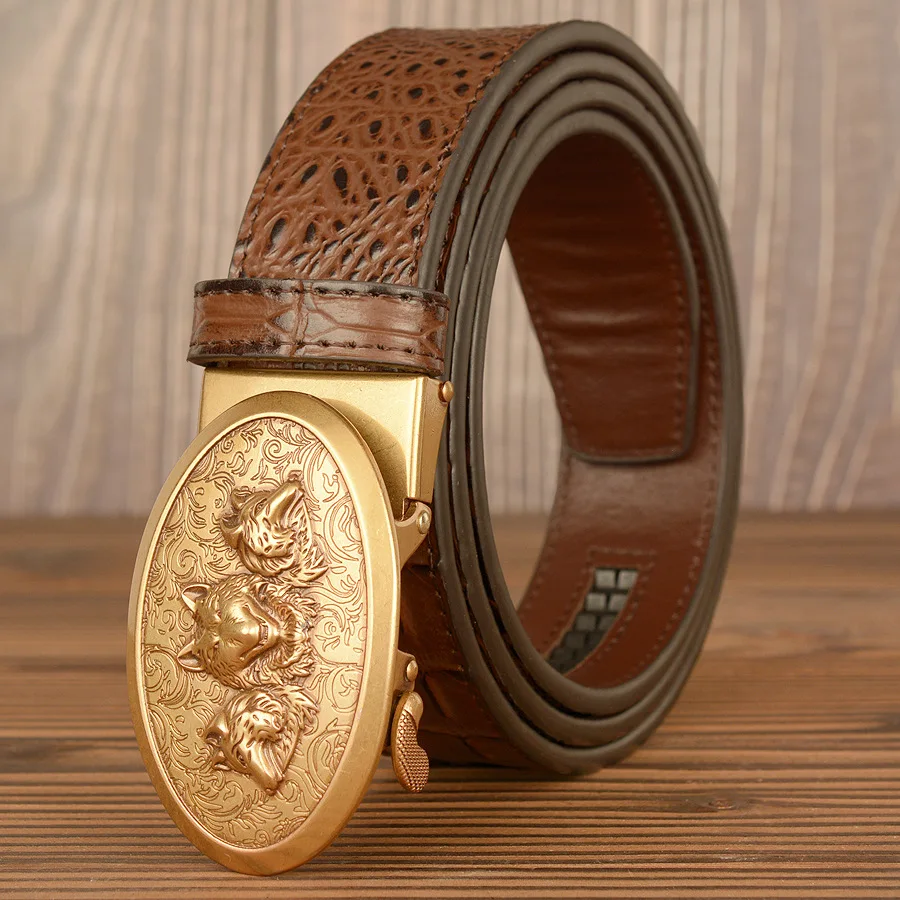 3.5CM Wolf Designer Belt for Men Retro Automatic Buckle Arts and Crafts Belt Male Genuine Cow Leather Waist Band Honorable Strap