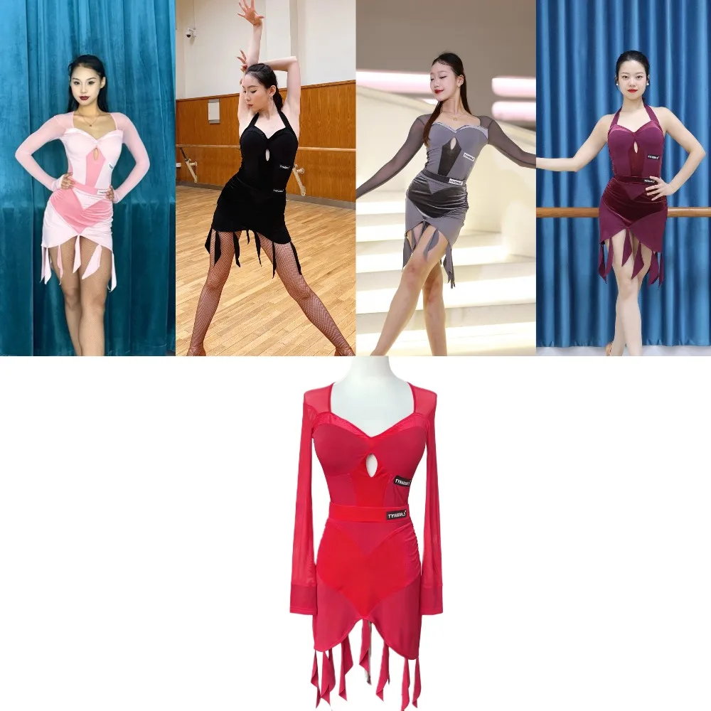 Customized Ultra Thin Velvet Mesh Spliced Lotus Leaf Half Skirt Practice Performance Dress with Chest Mat Long Sleeve Sleeveless