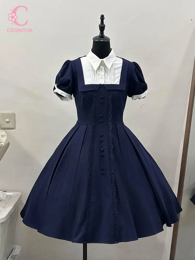 Japanese Vintage Lolita Dress Women Puff Short Sleeve Contrast Collar Lace Trim Ruched Waist Slim Fit Long Dress Elegant Outfit