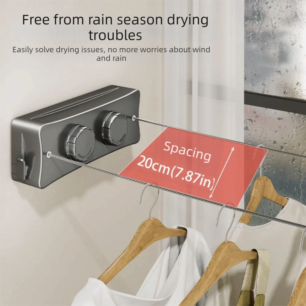 Stainless Steel Retractable Clothesline Adjustable Length Heavy Duty Indoor Clothesline 5.1 Meters Length Double Layer