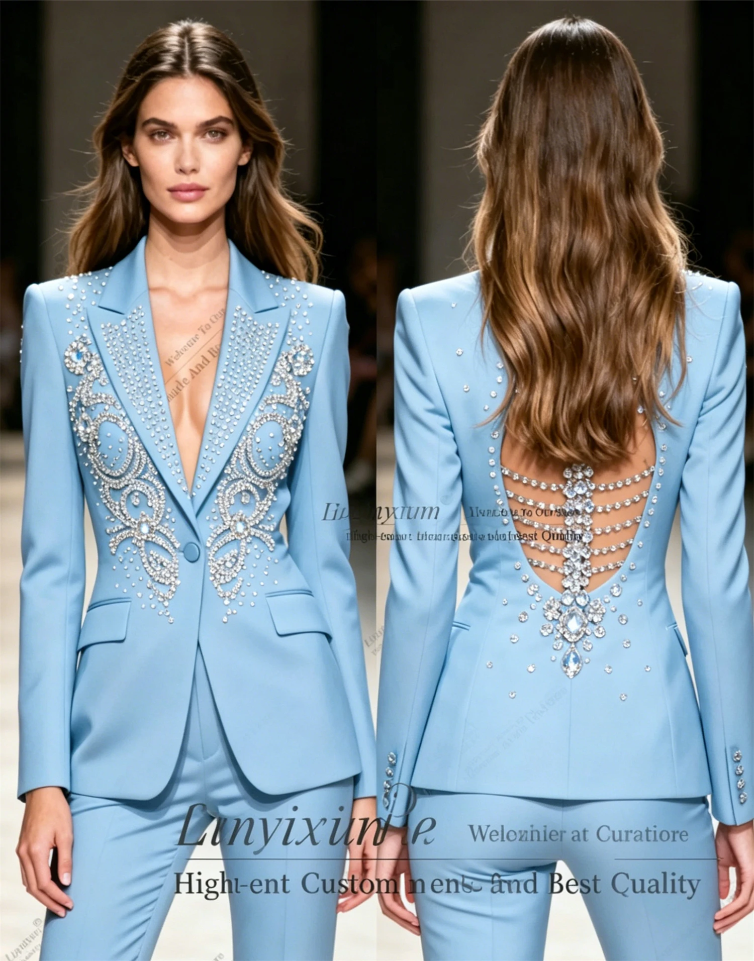 Luxury Crystals Rhinestone Women Suits Sets 2 Piece Fashion Customized Peaked Lapel Outfits Shiny Casual Chic Female Suit