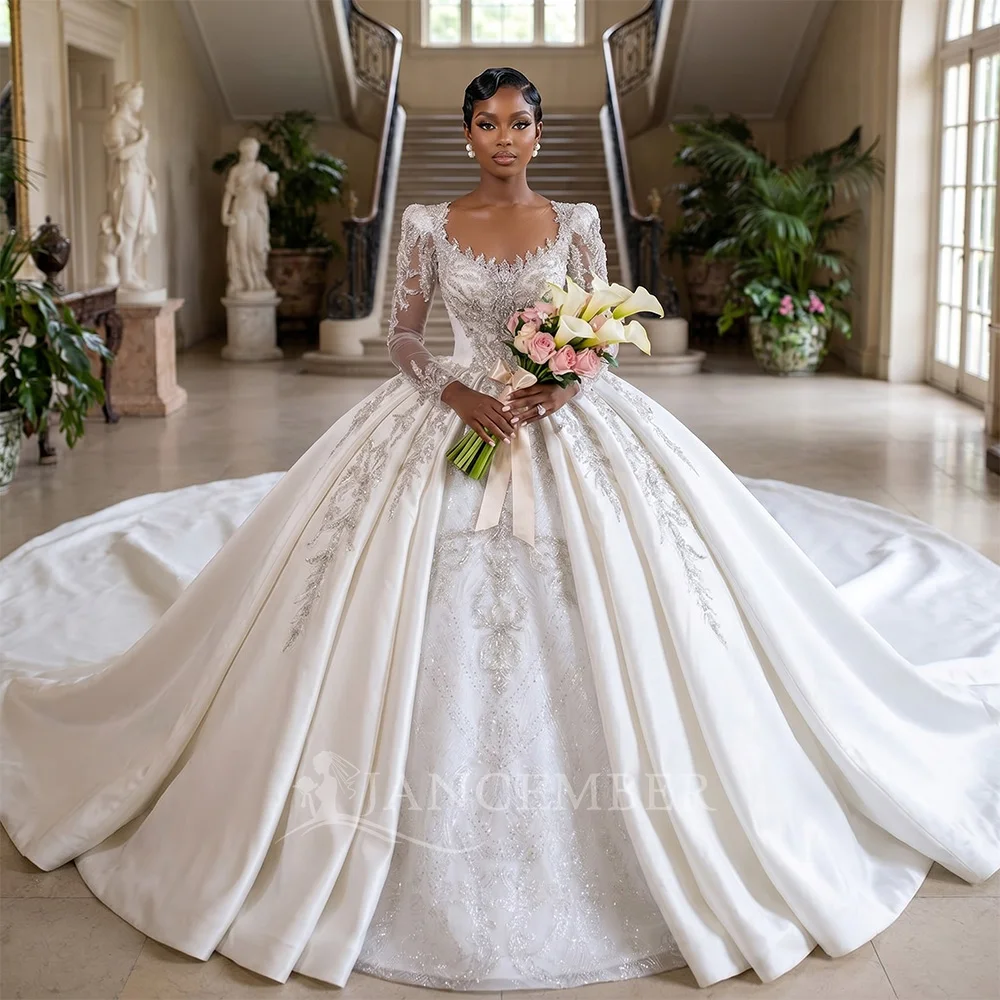 

Скромное свадебное платье с круглым вырезом и длинными рукавами, расшитое блестящими пайетками, роскошное платье для невесты, индивидуальный пошив, с шлейфом.