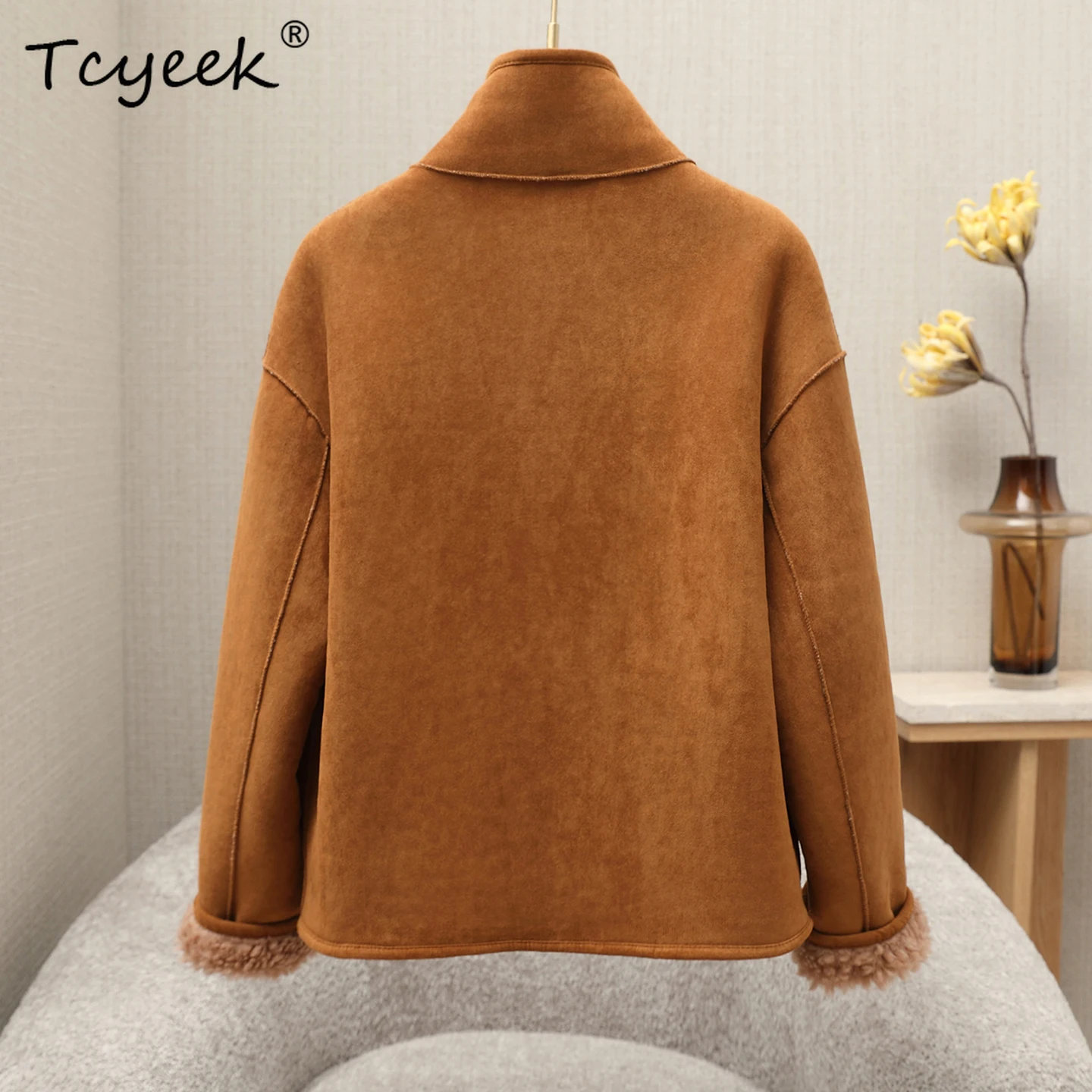 Tcyeek 100% ウールジャケット レディース 冬服 ファッション シープシアリングコート ラムウールファー 新作コート ルーズフィット パルトォ ジェンソーレ