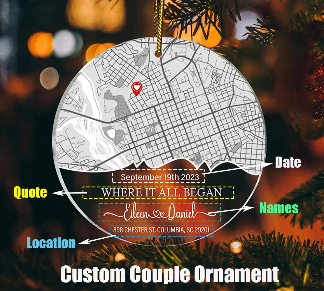 Personalized Couple First Meeting Map Acrylic Sign Coordinate Charm Christmas Tree Ornament New Home Car Hanger Wedding Decor - view 3