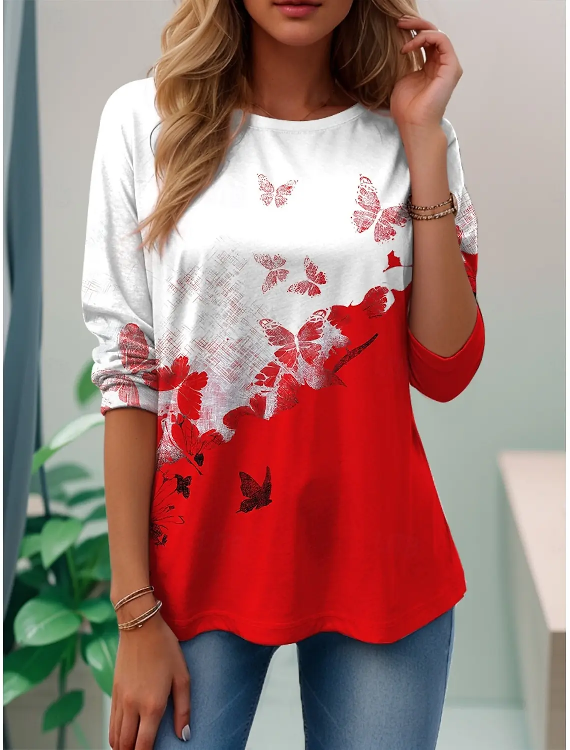 

Summer Fashion Women's Butterfly Plants Elegant O-Neck Long Sleeve T-Shirt Y2K Casual Tops Womens Clothing Harajuku Pullover