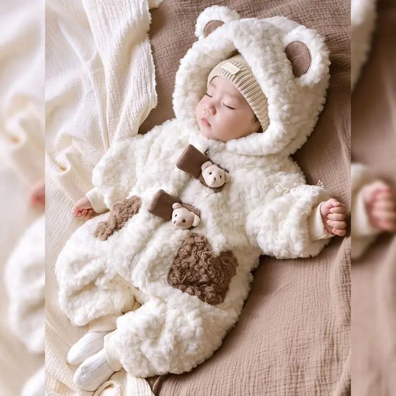 2026 Winter Baby Girls Boys Cute Cartoon Bear Soft Warm Fleece Hooded Rompers Infant Kids Long Sleeve Overalls Jumpsuit