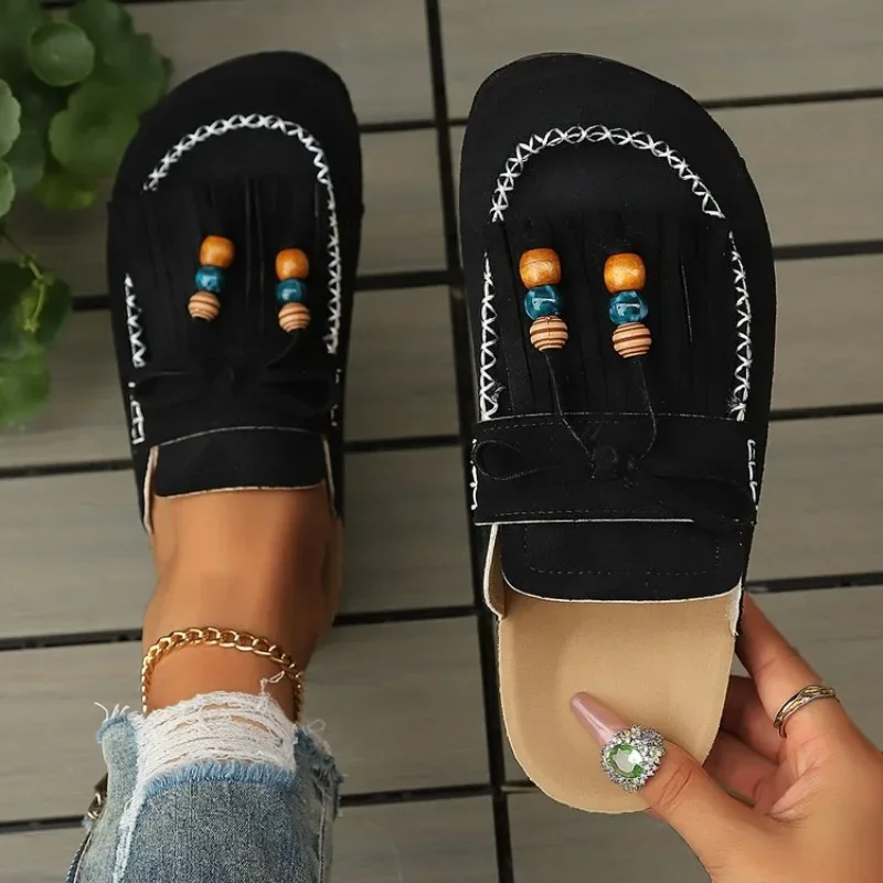 Damen Vintage Quasten-Wildleder-Clogs, Geschlossene Zehenpartie Korksohlen-Mules, Rutschfeste Slip-On-Hausschuhe für Innen- und Außenbereich Freizeitkleidung – Detail 4