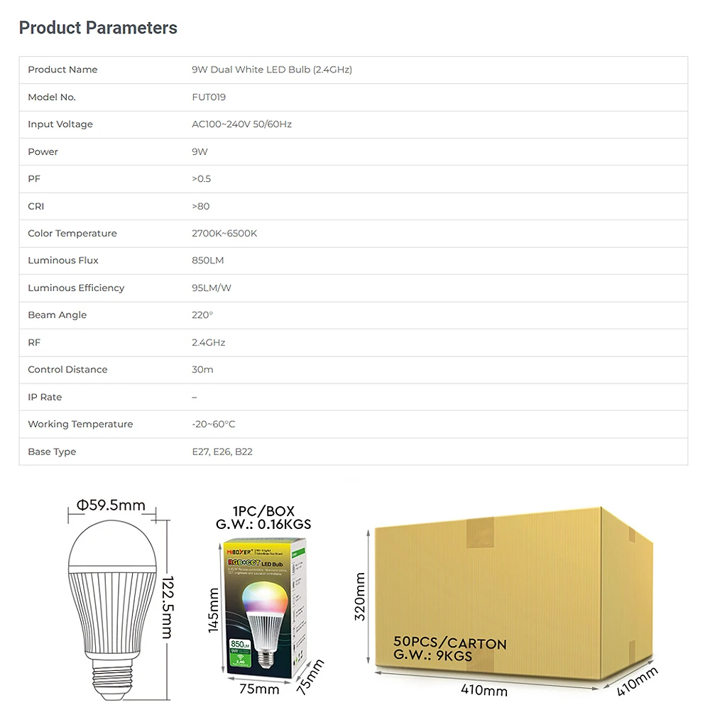 لمبة ليد Miboxer-Smart Tuya ، FUT019 ، AC100-V ، wghz ، E27 ، 9W CCT ، أبيض مزدوج ، CW/WW درجة حرارة اللون ، سطوع قابل للتعديل ، FUT019