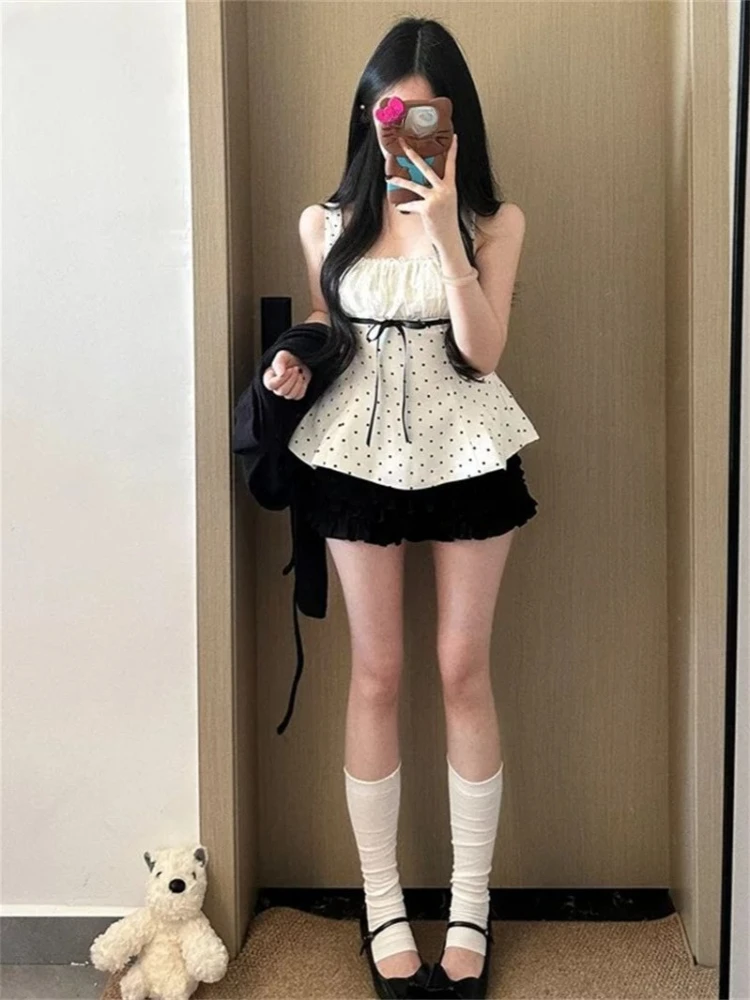 Korean Fashion Polka Dots Lace Bow Tie 3 Piece Set Women Girls Black Tiered Ruffle Mini Skirt Cami Top Short Cardigan Daily Wear view 6