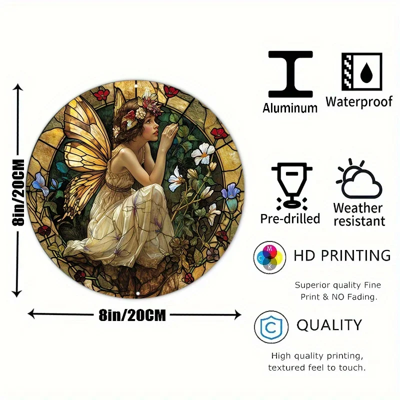 Aluminum Metal Sign Faux Stained Glass Circular Wreath Sign Apartment Decor Thanksgiving Day Gifts Spring Fairy Theme Decoration