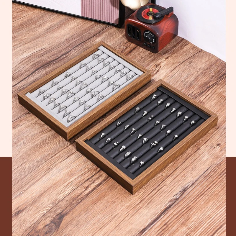 

Black PU/Gray Velvet Walnut Wood Grain Bracelet Jewelry Tray Wenwan Plaid Jewelry Tray Ring Stud Earrings Goods Case Props
