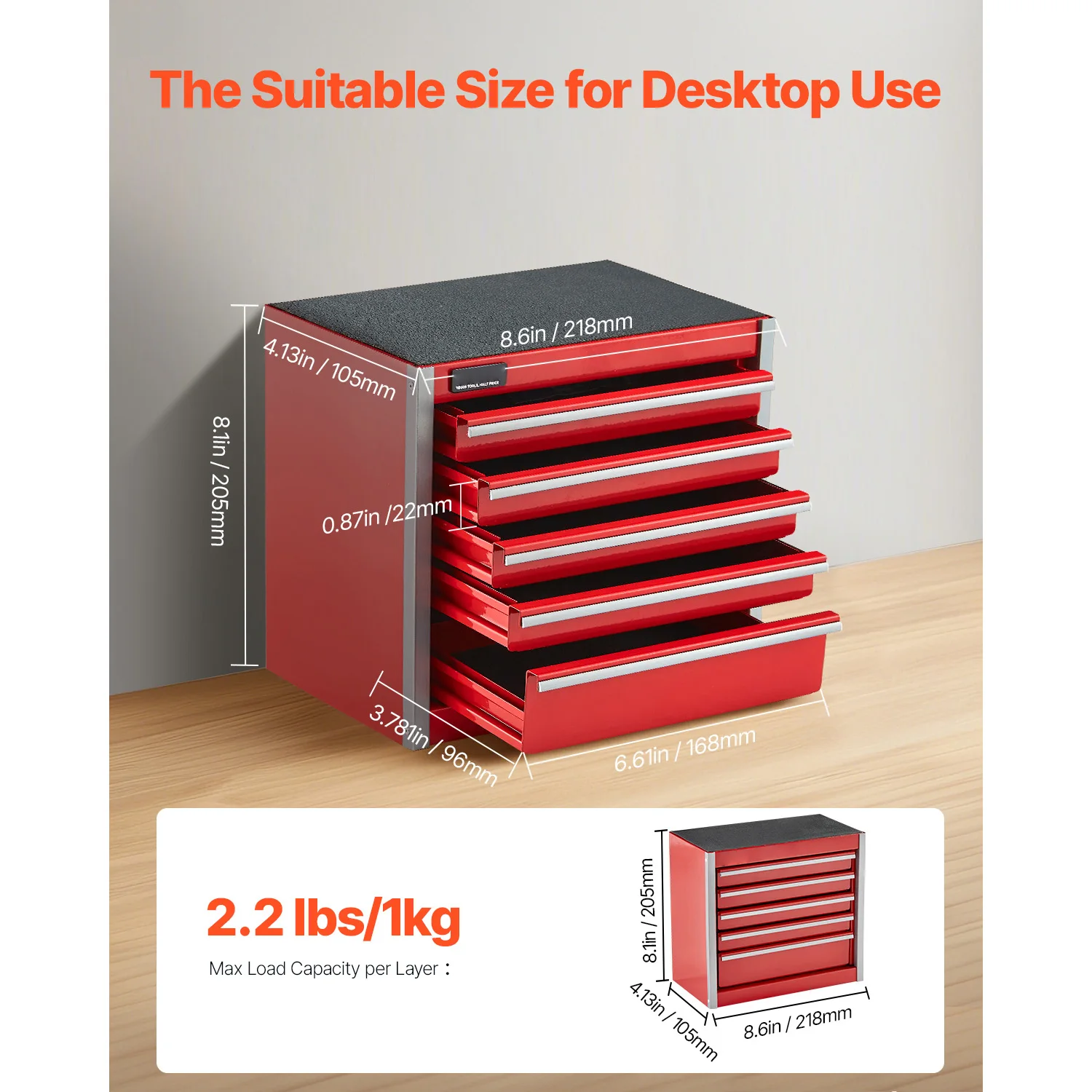 SucceBuy 5 Laci 8,6 Inci Kotak Alat Logam Merah/Hitam Peti Alat Kecil Portabel dengan Bantalan Kaki PP untuk Penyimpanan Alat Bengkel Garasi