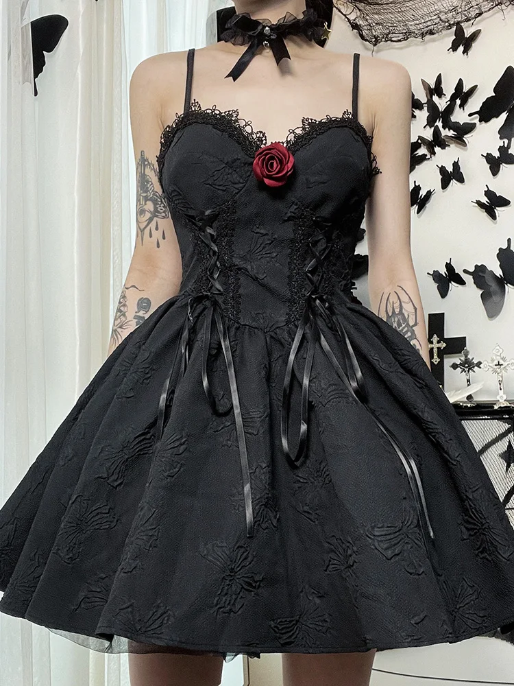 Japanese Lolita Rose Evening Dress Women's Clothes Sweet Wear Lace Pettiskirt God Princess Dresses Black Color Vestidos De Mujer