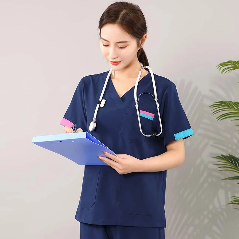 Stretch Scrub Set Women Medical Uniforms High Quality V Neck Scrub Top Color Blocking Nursing Clothes Elastic Dentist Workwear