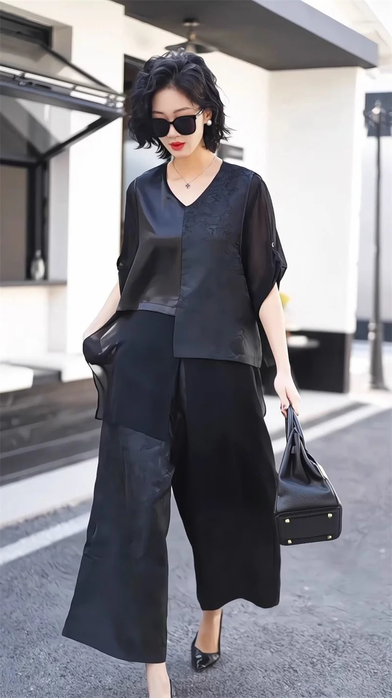 

2025 Summer Sets Black New Plus Size New Chinese Style Splicing Long Top Loose Wide Leg Pants Temperament Two-Piece Set Women