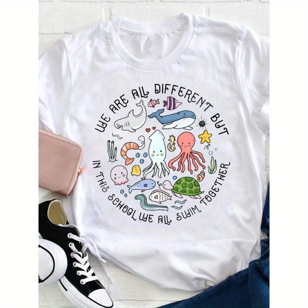 

Plus size We All Swim Together Teacher T Shirt, Women'S Casual Round Neck T-Shirt0XL-4XL