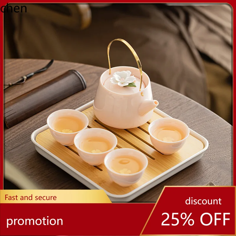 

H1 raw ore powder mud handmade flower handle pot, one pot, four cups with tea tray, for home girls teapot and tea cup