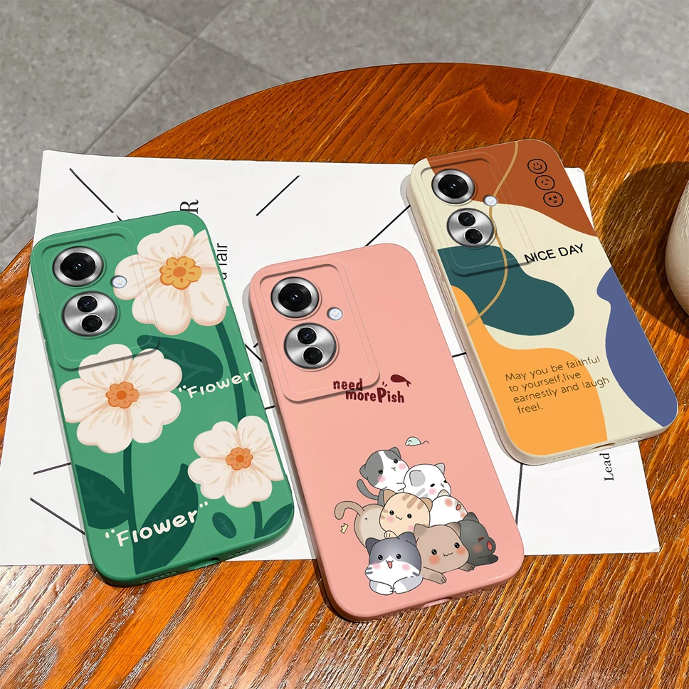 Phone Case For Oppo Reno11 F F25 Pro 5G Square Silicone Protective Lovely Flowers Cat Cover For OppoReno 11F OppoF25Pro 5G Funda