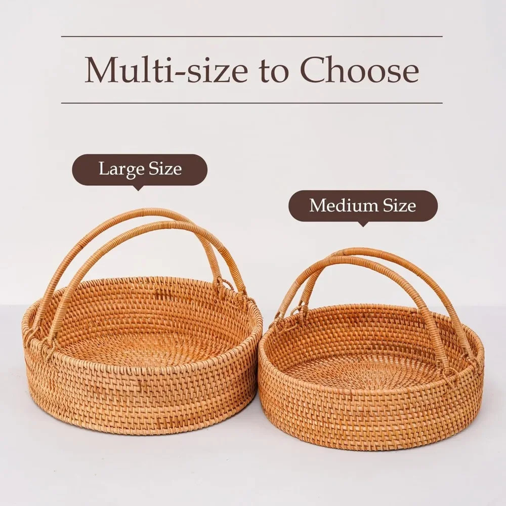 Rattan| Picnic Basket with Handles, Round |Wicker Gift Basket Hand-Woven Basket for Fruit