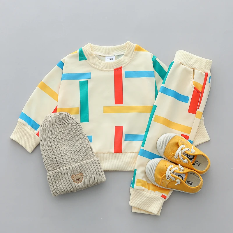 2PCS Baby Spring and Autumn Full Print Color Stripe Long Sleeve Long Pants Two Piece Set