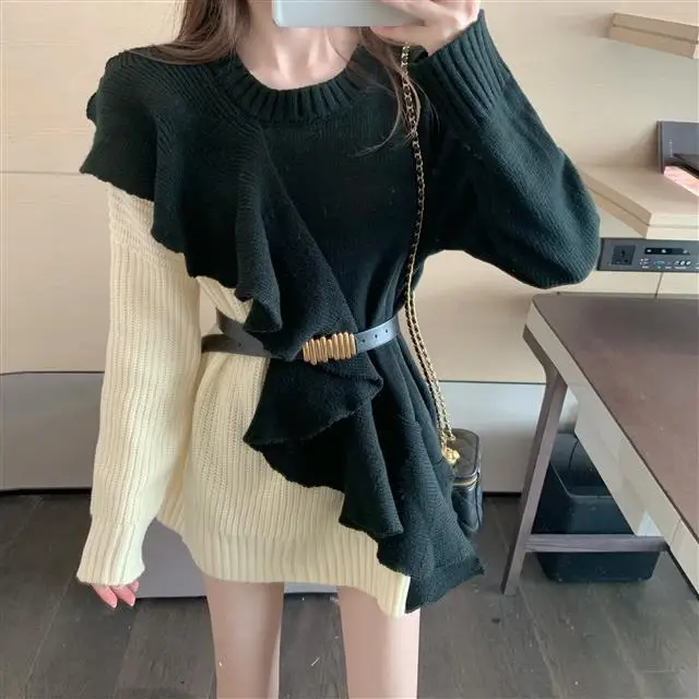 MiiiiX Korean Fashion Patchwork Contrast Knitted Dress Long Loose Sweater Ruffled Casual Dress with Belt Autumn Women's Clothes