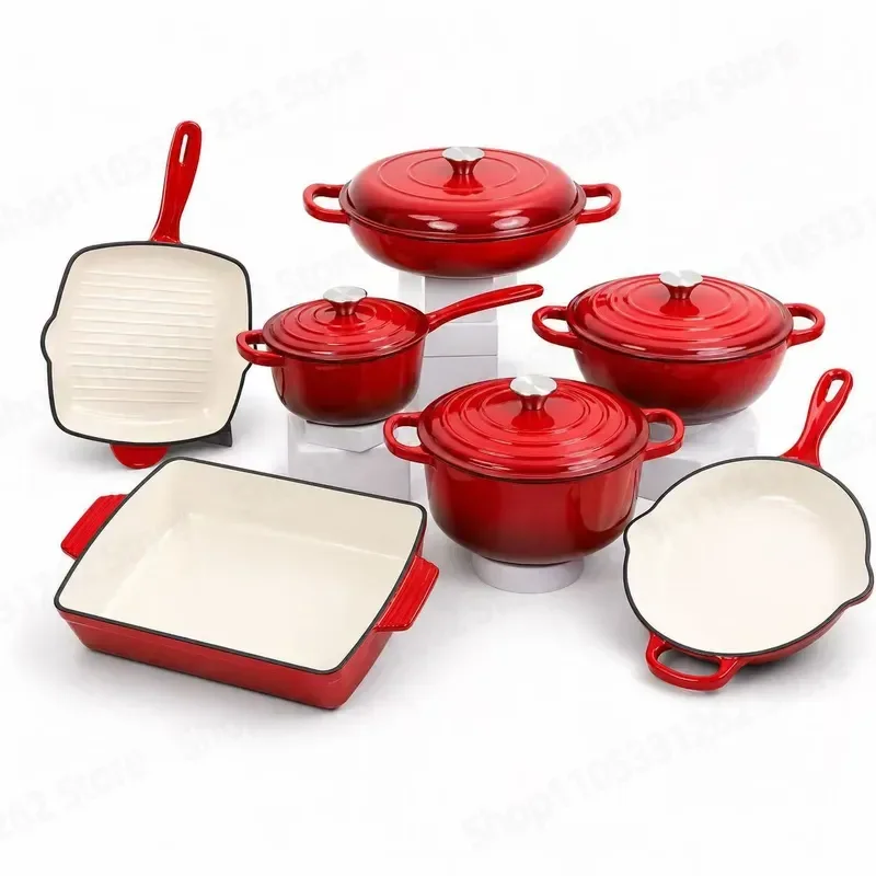 7 Piece Enameled Cast Iron Cookware Set with Soup Pot Seafood Pot and Frying Pan