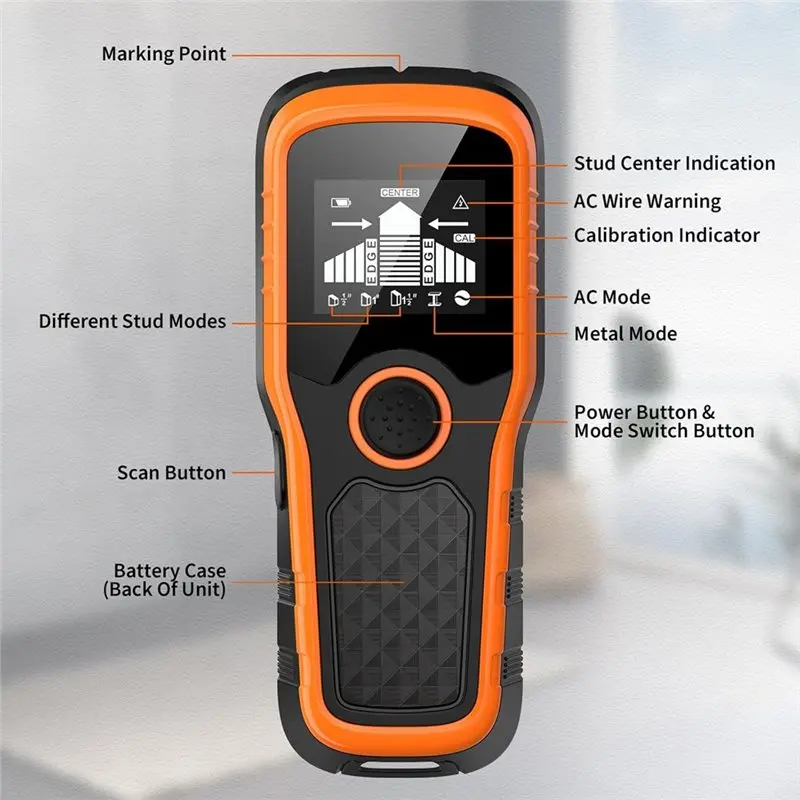 AS95-Stud Finder Scanner de parede 5 em 1 Detector para madeira, metal, fios CA, tela LCD de alta definição Alarme sonoro
