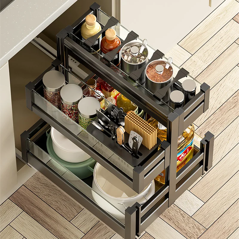 Kitchen Seasoning Basket Drawer Type Multifunctional Space Aluminum Seasoning Basket Knife Holder Shelf Pull-out Storage