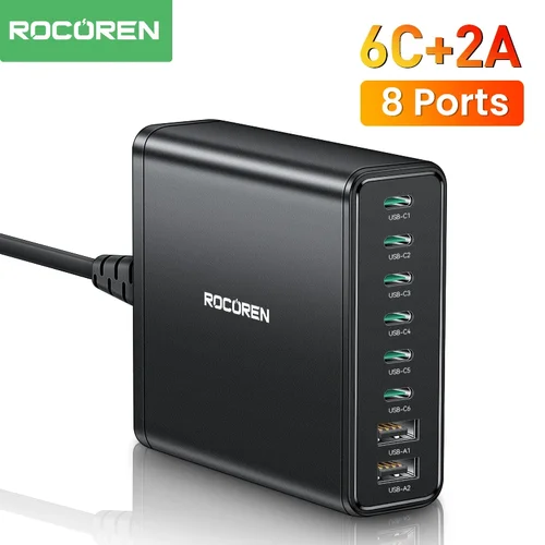 Rocoren USB C타입 충전기, 8 in 1 USB 데스크탑 충전기, PD QC 고속 충전 충전기, 아이폰 15, 14, 13 용, 8 포트 고속 충전, 200W 