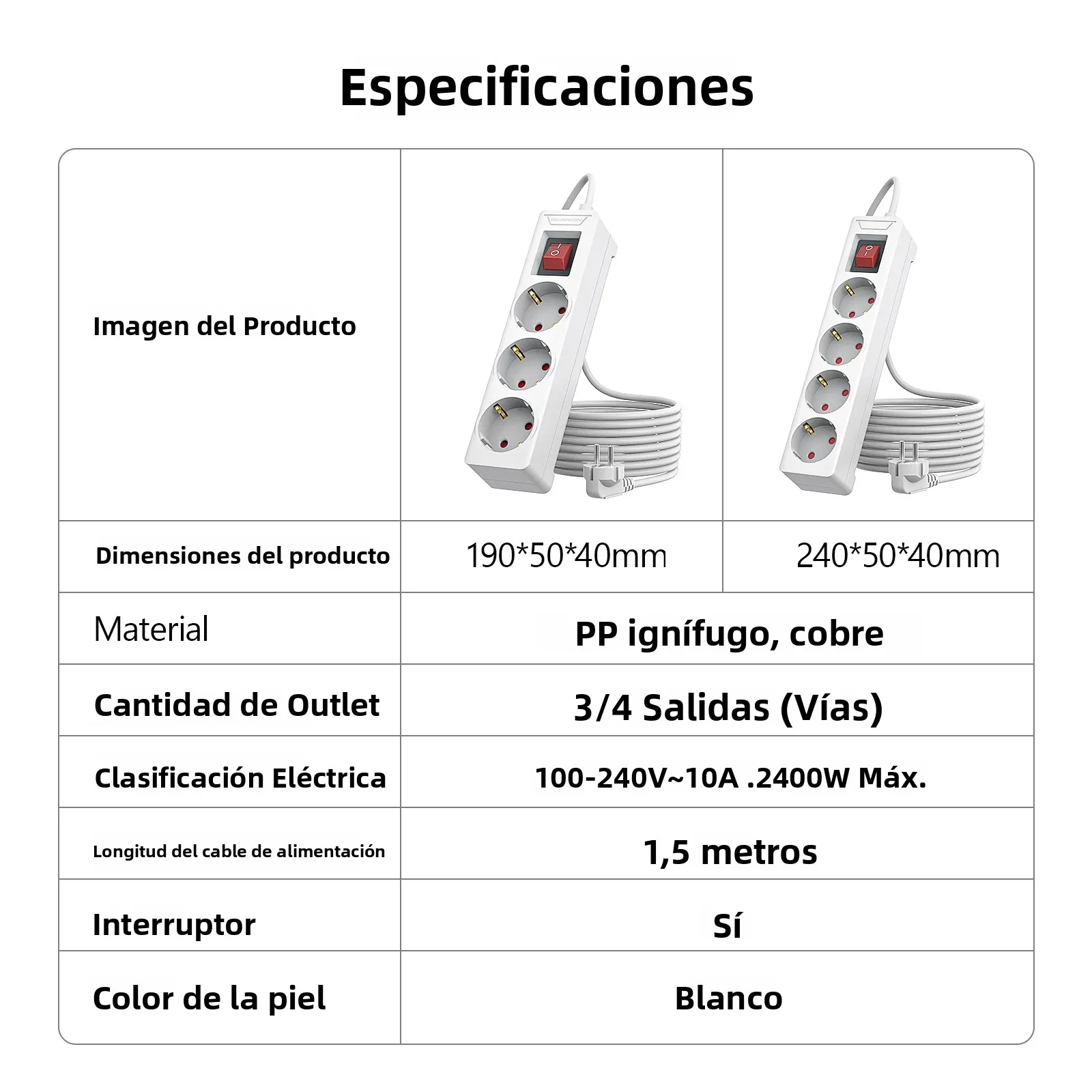 Imagen 7: Protector de Sobretensión de 4 Tomas de Corriente para la UE, Cable de Extensión de 1.5m/2m, Adaptador de Enchufe de CA, Adaptador de 4 Tomas con Protección Contra Sobrecarga