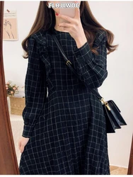 Autumn Winter Basic Dresses Long Cute Sweet Girls A Line Korea Japan Style Design Black Plaid Ruffled Dress Vintage 9818