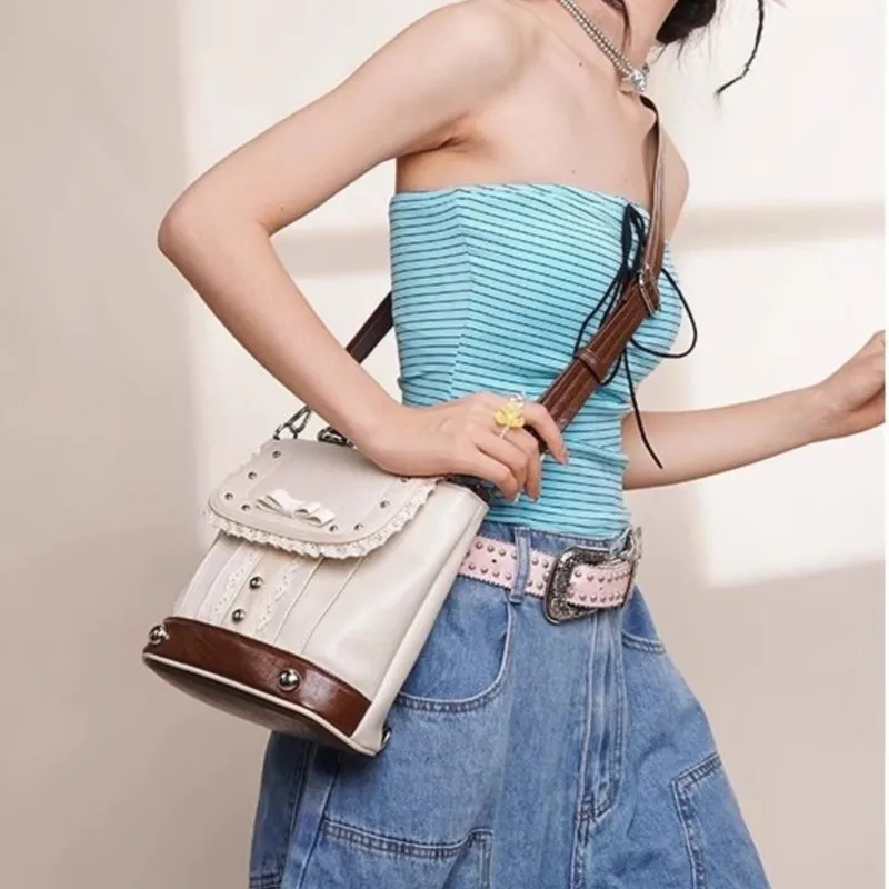 JIAERDI doux mignon dentelle Lolita sac à dos femmes Beige arc Rivet sacs à bandoulière dames multi-usages élégant doux Mochilas Mujer