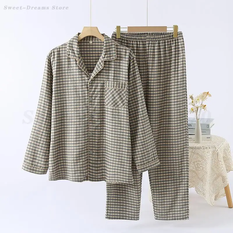 日本の市松メンズパジャマセット男性春秋綿パジャマホーム服長袖トップパンツシンプルなスパースター Mujer