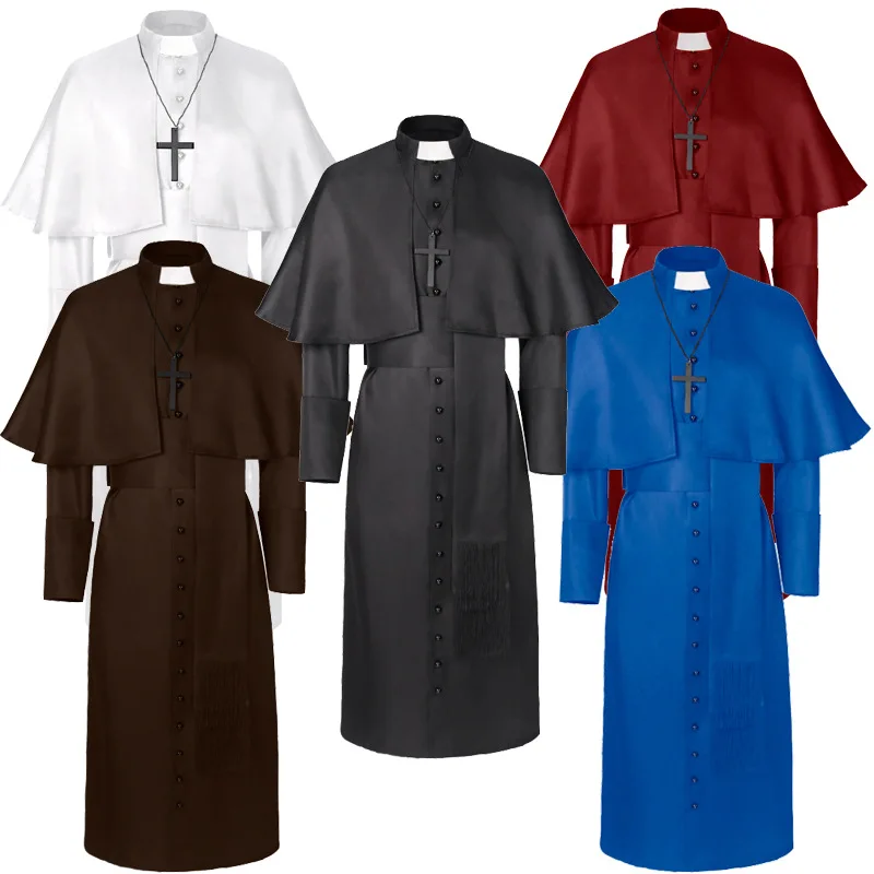 

Medieval Renaissance Retro Priest Cosplay Costume Catholic Church Religion Papal Priest Mass Preacher Solid Robe Clergy Cassock