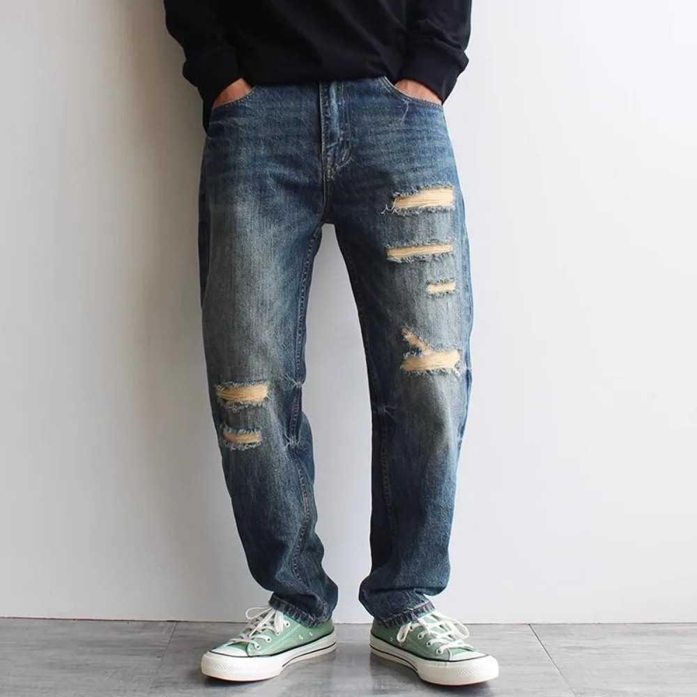 

12.5OZ Autumn Patch Ripped Jeans Men's Texture Nostalgic Washed Loose Large Size Casual Straight Trendy Trousers