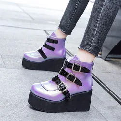 Ankle Boots Female Wedges Shiny Belt Buckle Platform Booties Luxury Designer Shoes Woman Casual Comfortable Walking Short Boots