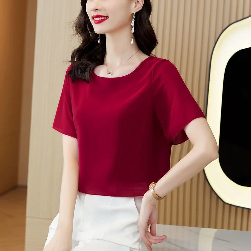 Elegant O-Neck Spliced Loose Fake Two Pieces Blouse Women\'s Clothing 2023 Summer New Casual Pullovers Office Lady Chiffon Shirt