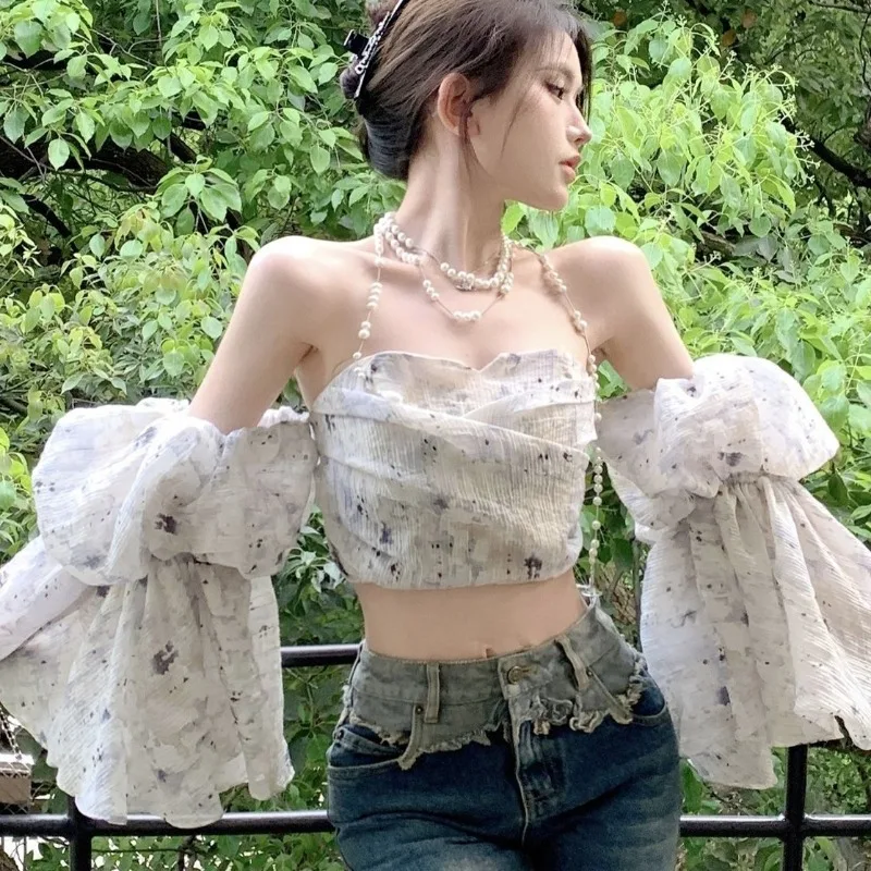 Sweet Blouses for Women Slash Neck Design Backless Lovely Girls Clothing Summer New Trendy Korean Style High Street Flare Sleeve