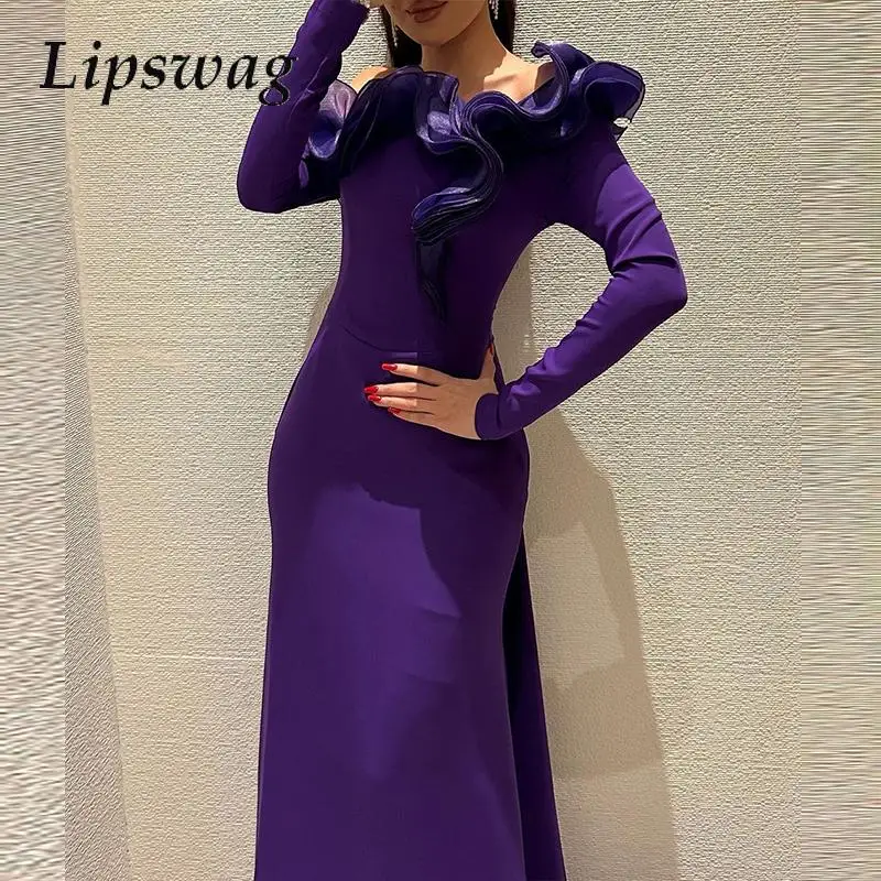 Women Elegant Sexy Cocktail Full Purple Evening Dress 2025 Long Sleeve Party Dress Luxury Lotus Edge One Shoulder New Maxi Dress