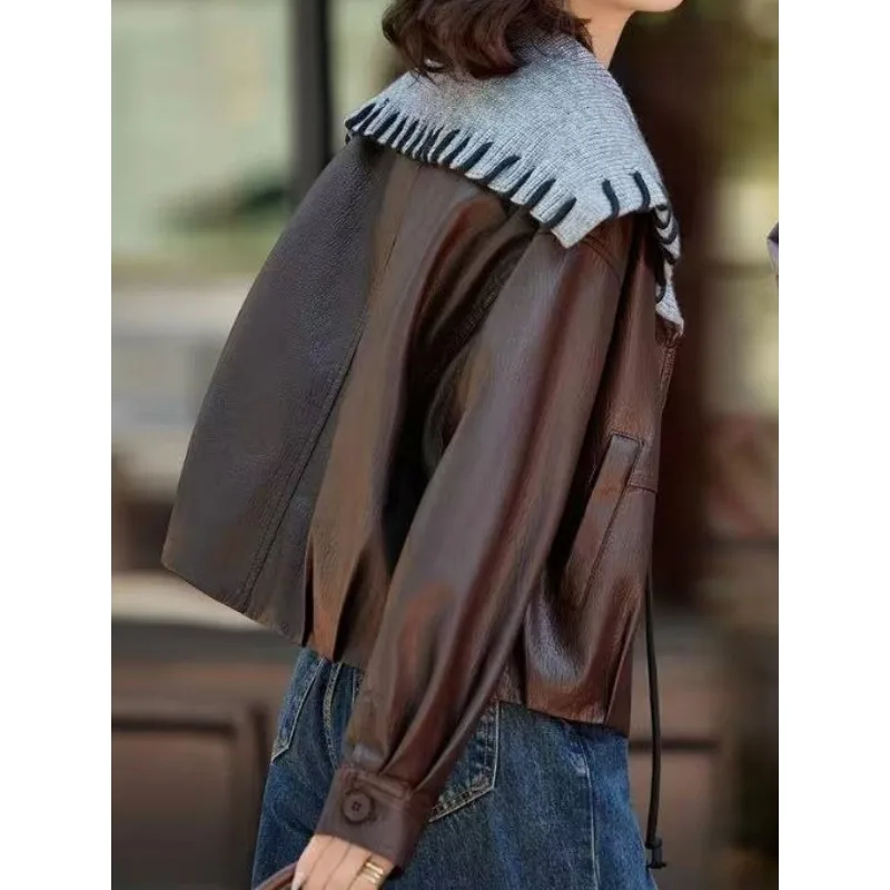 Onecozyday 2025 سترة جلدية نسائية أنيقة مقصوصة بياقة مدببة وأكمام طويلة معطف غير رسمي فضفاض ملابس خارجية