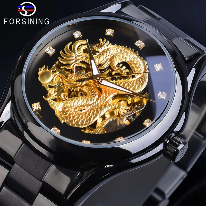 Fashion Forsinining Top Brand Men\'s Casual Steel Dragon Personality Design Hollow Waterproof Automatic Mechanical Wrist Watches