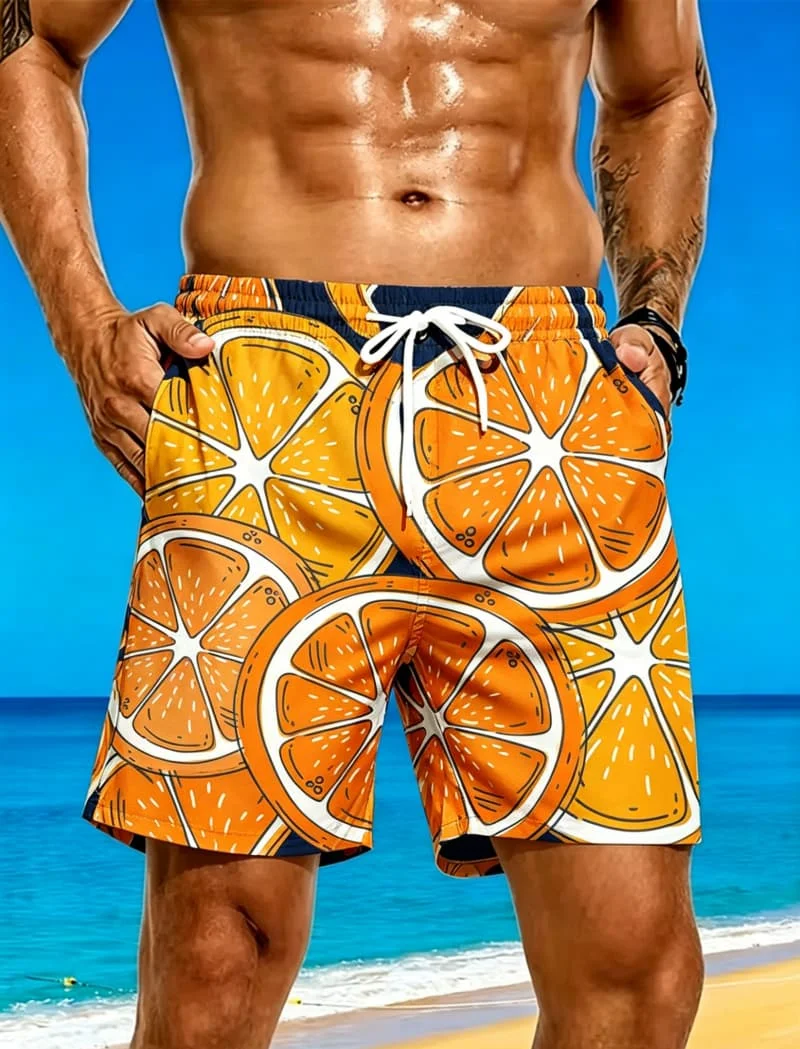 Men's Tropical Fruit Print Swim Trunks, Quick Dry Casual Shorts, Breathable and Stylish for All Summer Occasions