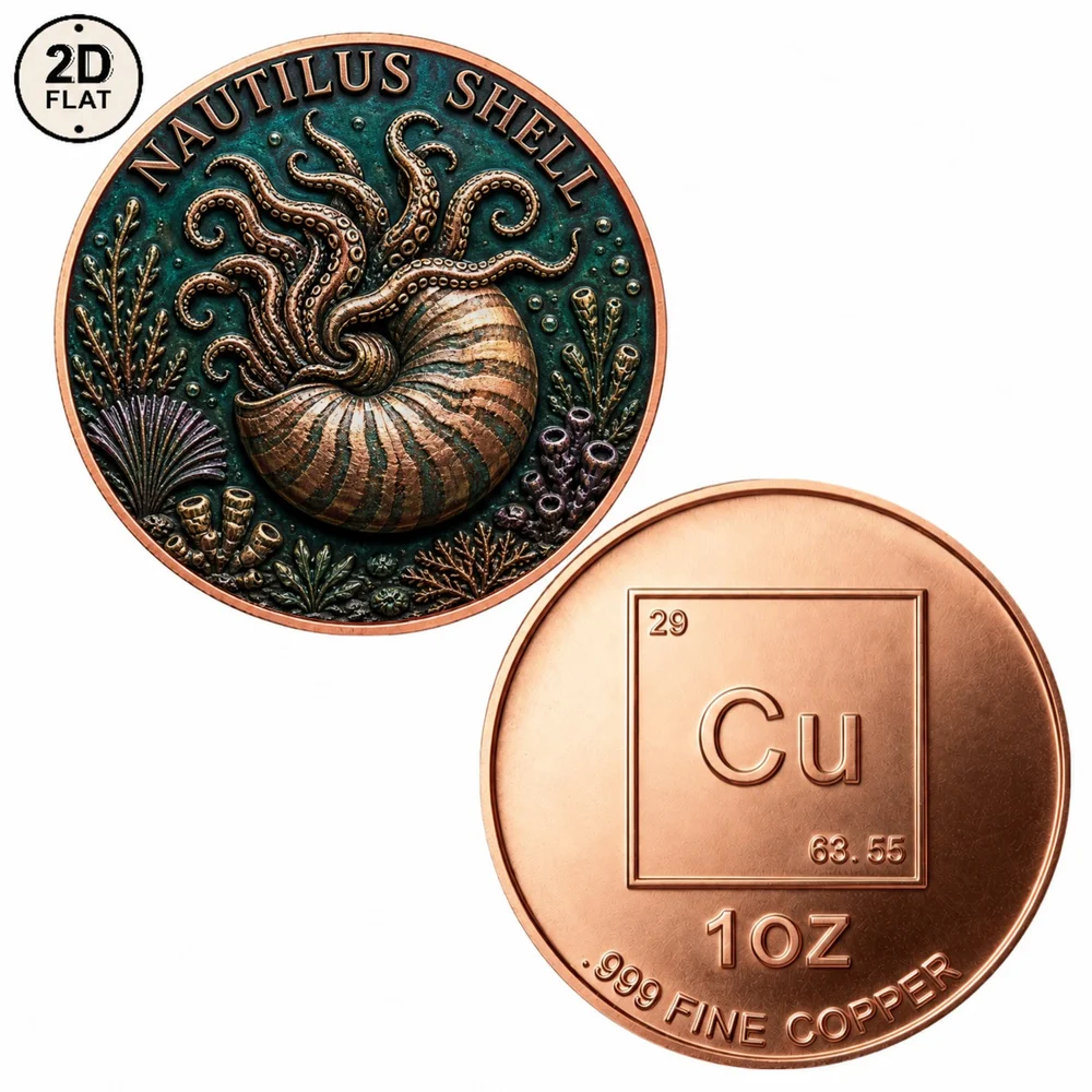 1pc Nautilus Shell Chambered Nautilus 1oz Pure Copper Coin Coral Seabed Scene Commemorative Medal Vintage Marine Creature Gifts