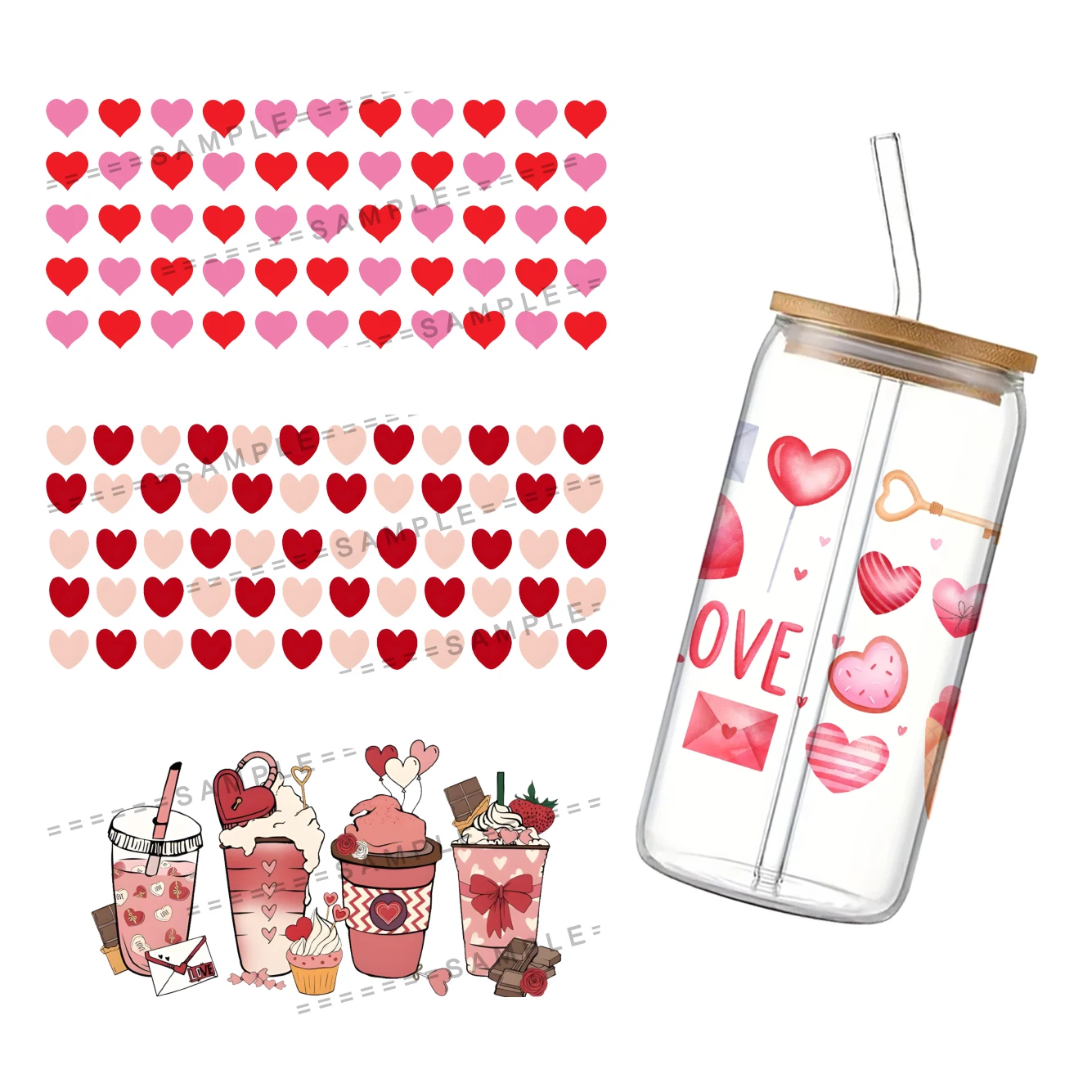 Valentine's Day Series For Libbey 16oz Can Glass UV DTF Coffee Red Hearts Can Wrap Libbey Glass Wrap