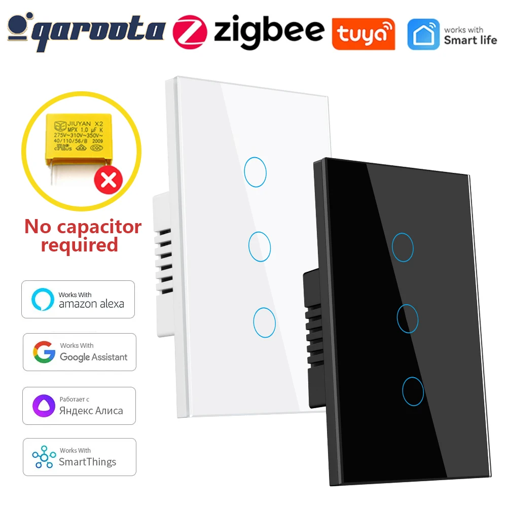 ZigBeeTuya Smart Light Switch US Brazil No Neutral Wire No Capacitor Required Smart Life 1/2/3 Gang Work with Alexa Google Home