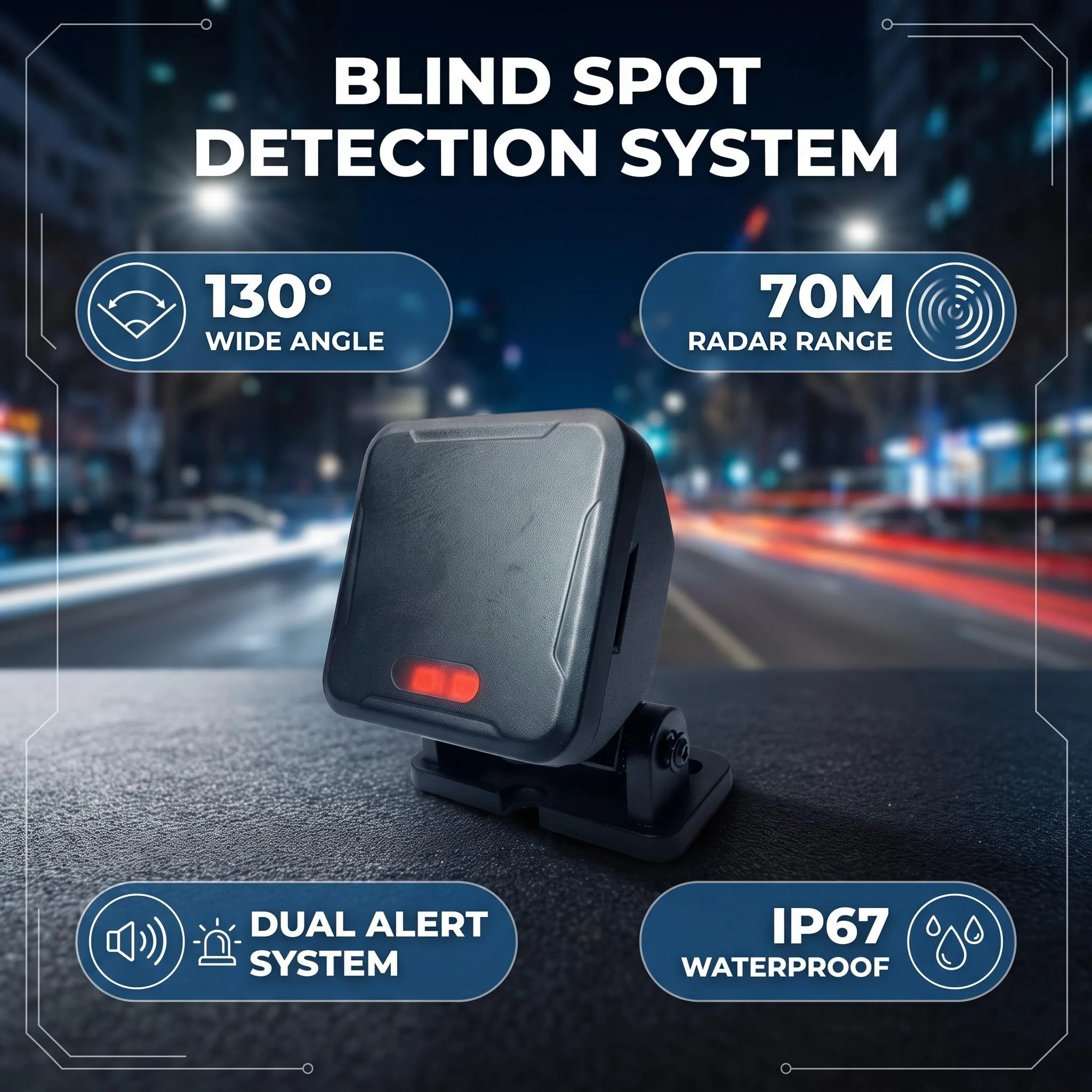 Motorcycle radar for blind spot detection system, lane change assist radar, and safety kit suitable for 12V motorcycles