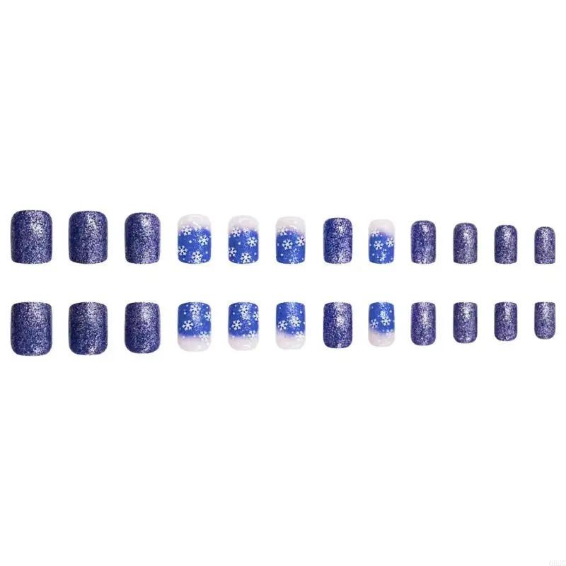 652C 24pcs French Tip Short Square Press On Nail Blue Glittering Snowflake Designs Stick on Nail For Christmas And New Year