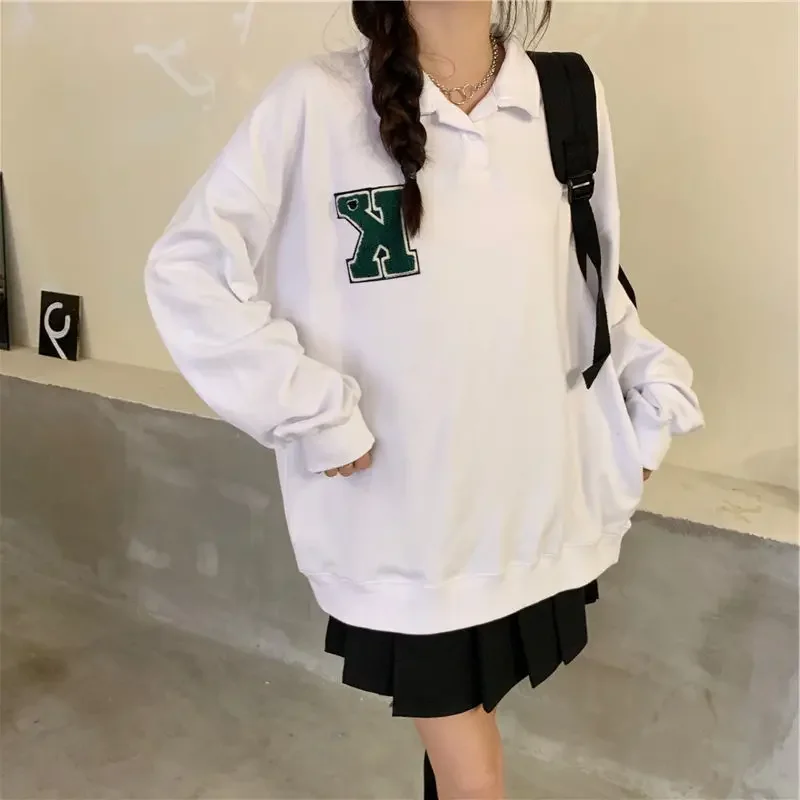 American Retro White Lazy Letter Thin Sweatshirts Autumn Tide Ins Street Polo Collar Sport Tshirts Women Casual Tennis Jumper