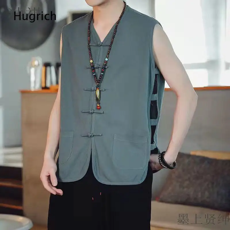 Lightweight Dual Pocket Oriental Retro Tang Suit Casual Summer Linen Vest for Men
