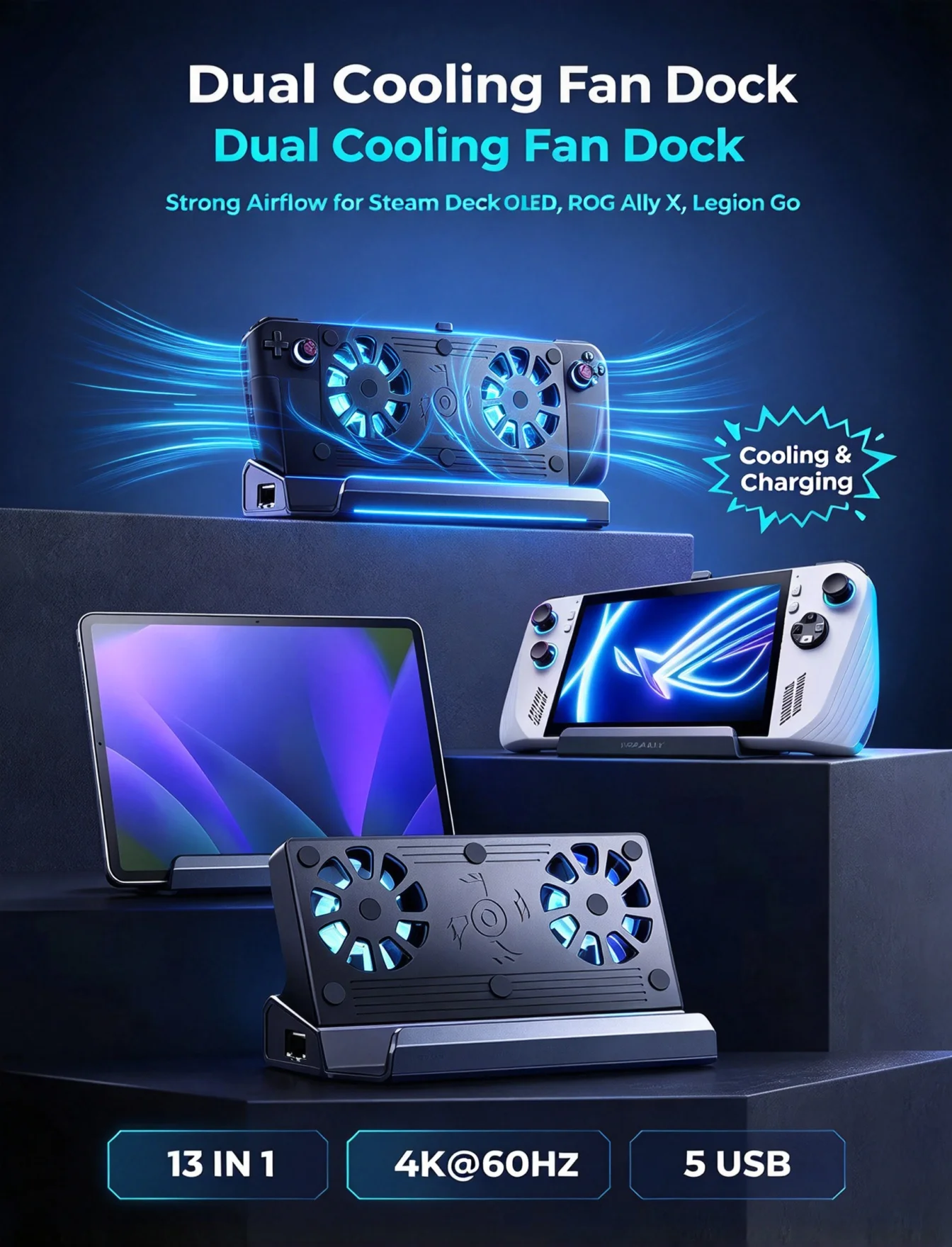 13 IN 1 Expansion Dock Compatible with Steam Deck OLED, ROG Ally X, Legion Go, Dual Cooling Fan, 4K@60Hz, 5 USB, 100W PD Charge